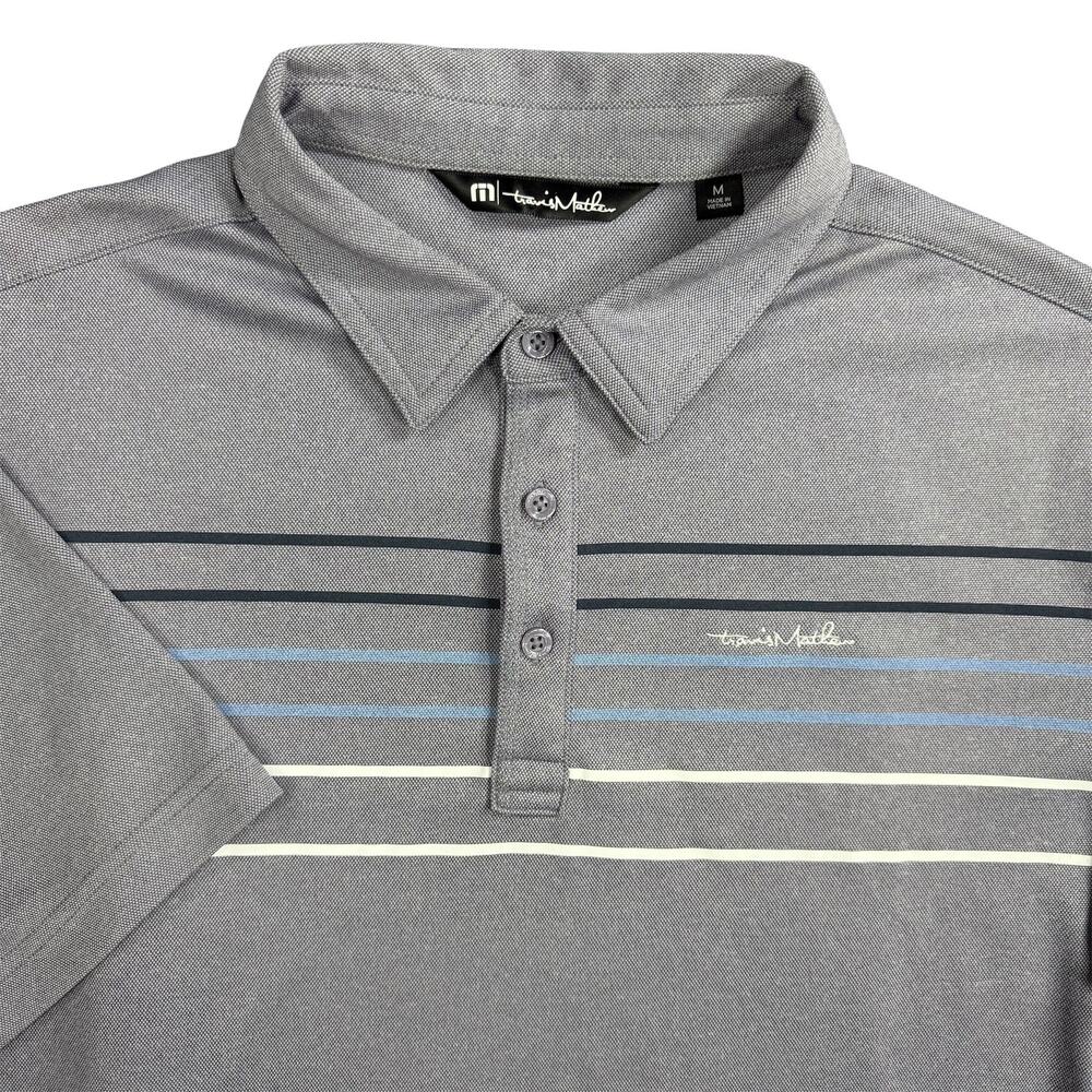 TravisMathew Men's Medium Gray Blue Striped Golf Polo Shirt Short Sleeve